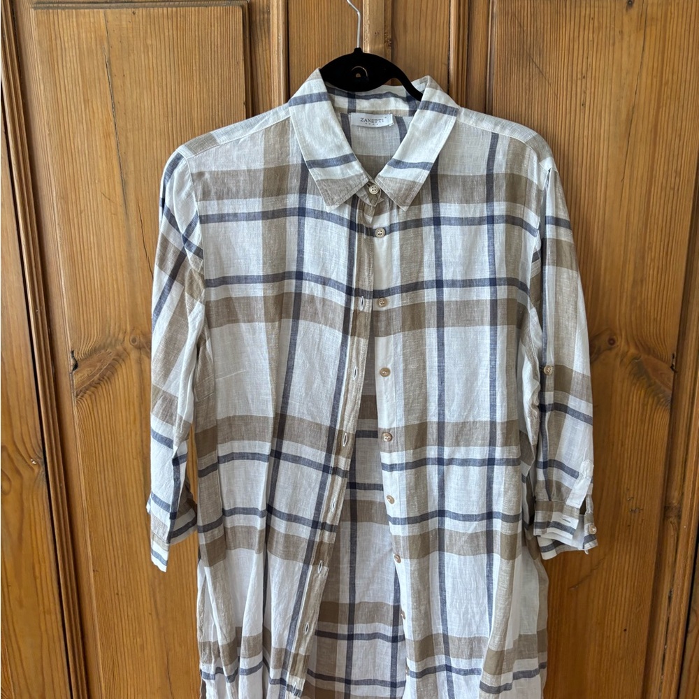 Zanetti Plaid Button-Up Linen Blouse